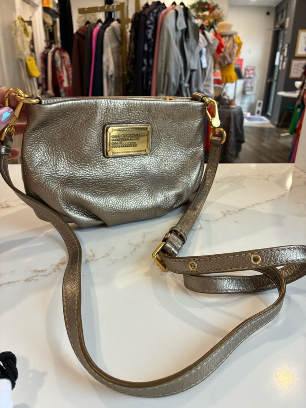 Marc By Marc Jacob’s Metallic Pewter Crossbody Bag With Gold Hardware